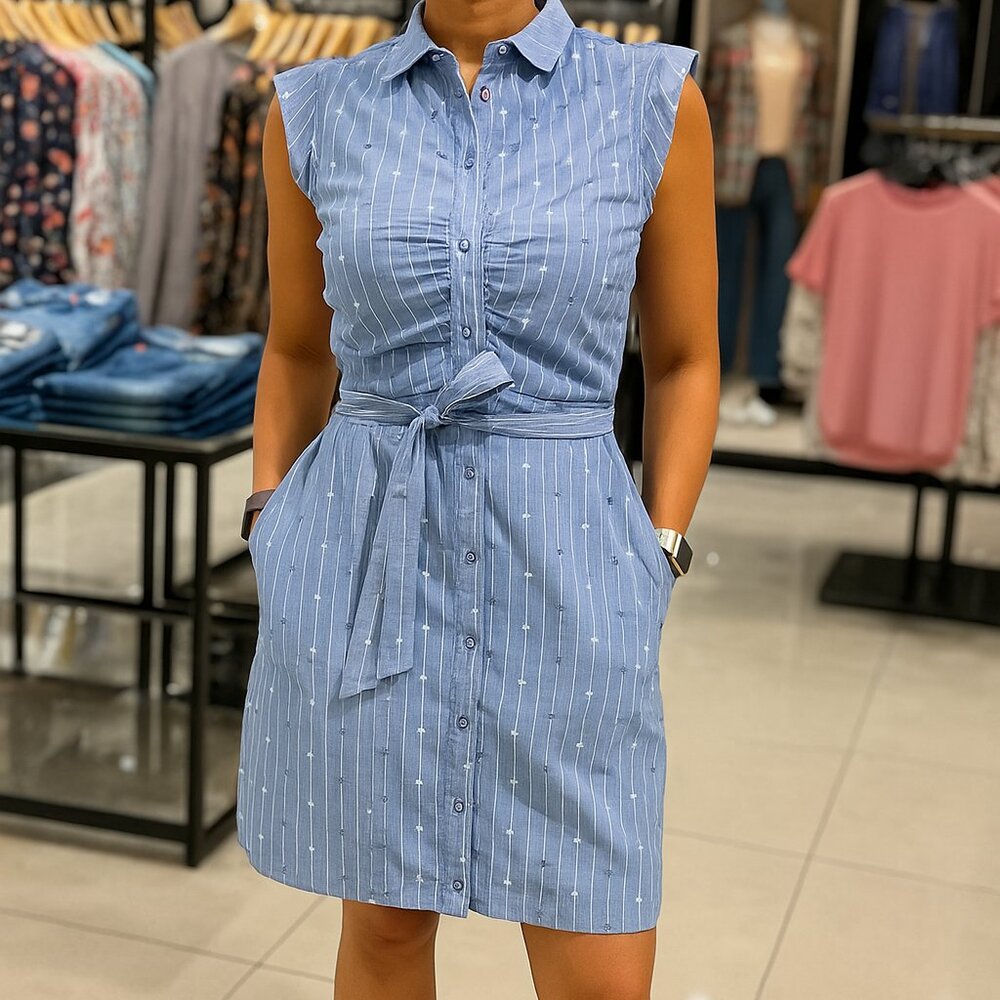 Blue Sleeveless Shirt Dress with Tie Belt and Pockets